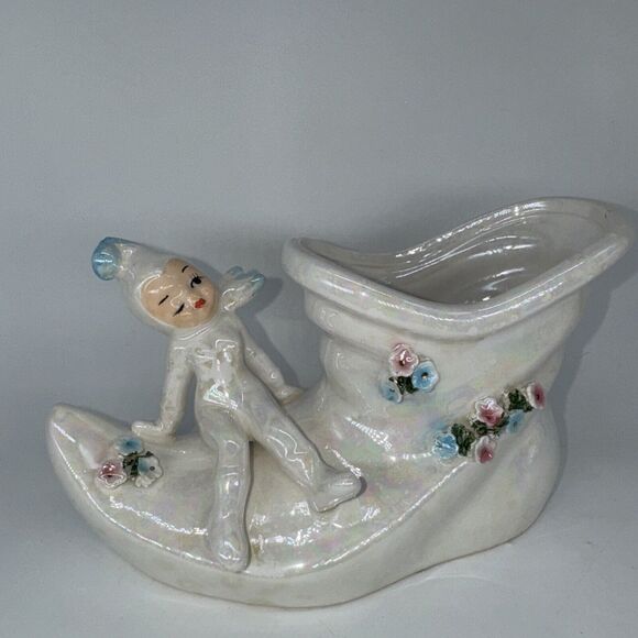 Vintage Lefton Pixie Elf On Boot Iridescent Planter Holiday Candy Dish 8" Japan - Picture 2 of 10